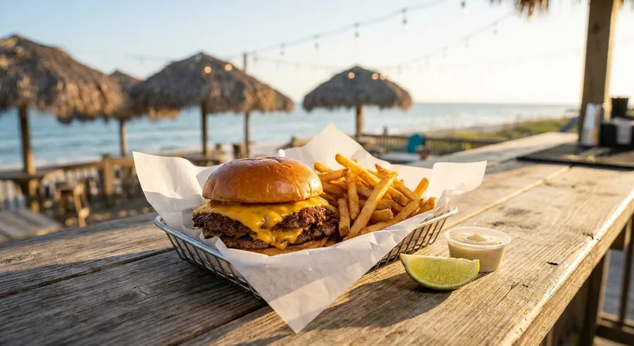 Joe's double smash burger and fries in a basket on the bar