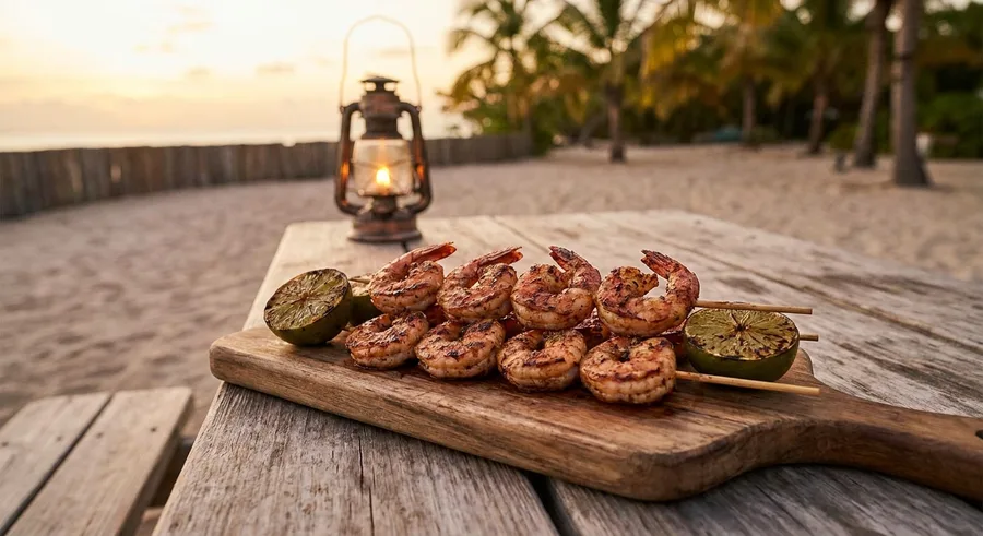 Jerk shrimp skewers with charred lime on a wooden board