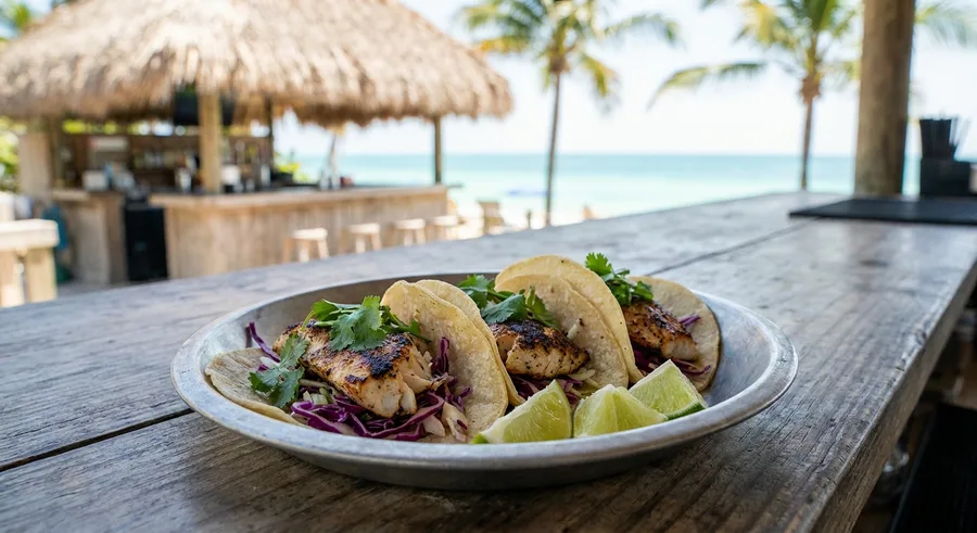 Gulf fish tacos with slaw and lime on a metal plate