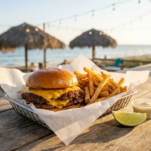 Double smash burger and fries at the bar
