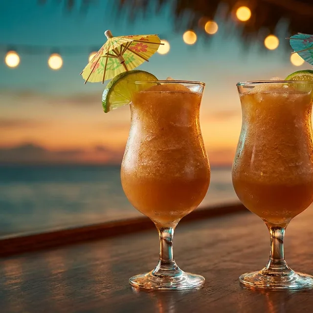 Two frozen rum punches on the bar at sunset