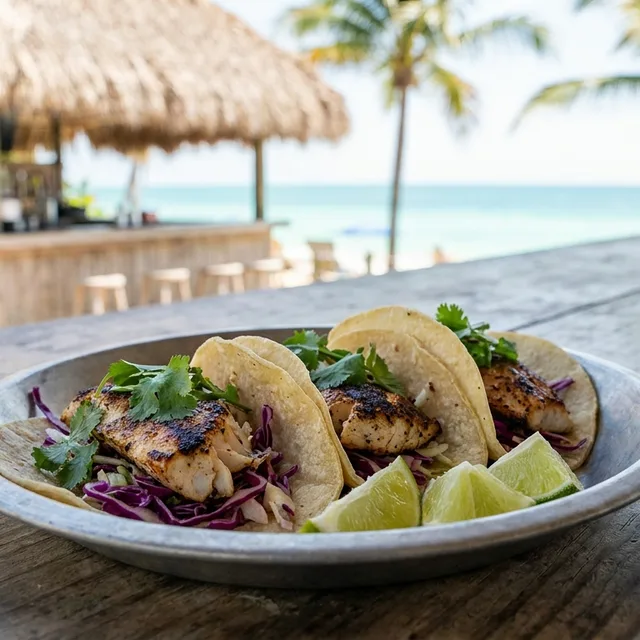 Gulf fish tacos on a metal plate at the bar