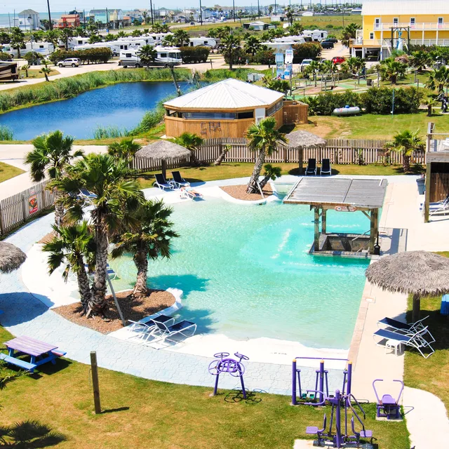 Aerial view of the beach entry pool at Jamaica Beach RV Resort