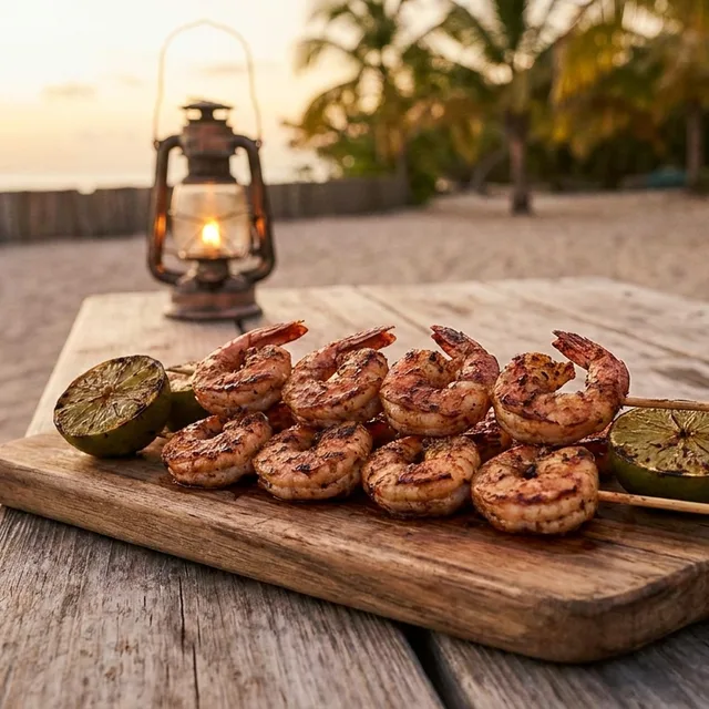 Jerk shrimp skewers on a wooden board