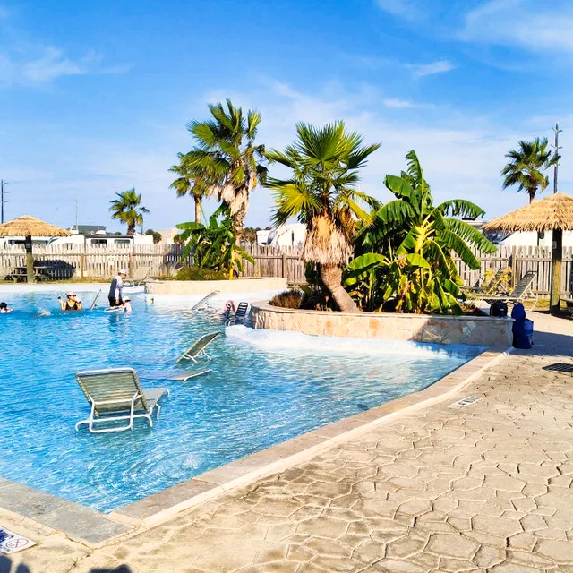 Pool deck with palapas and palm trees